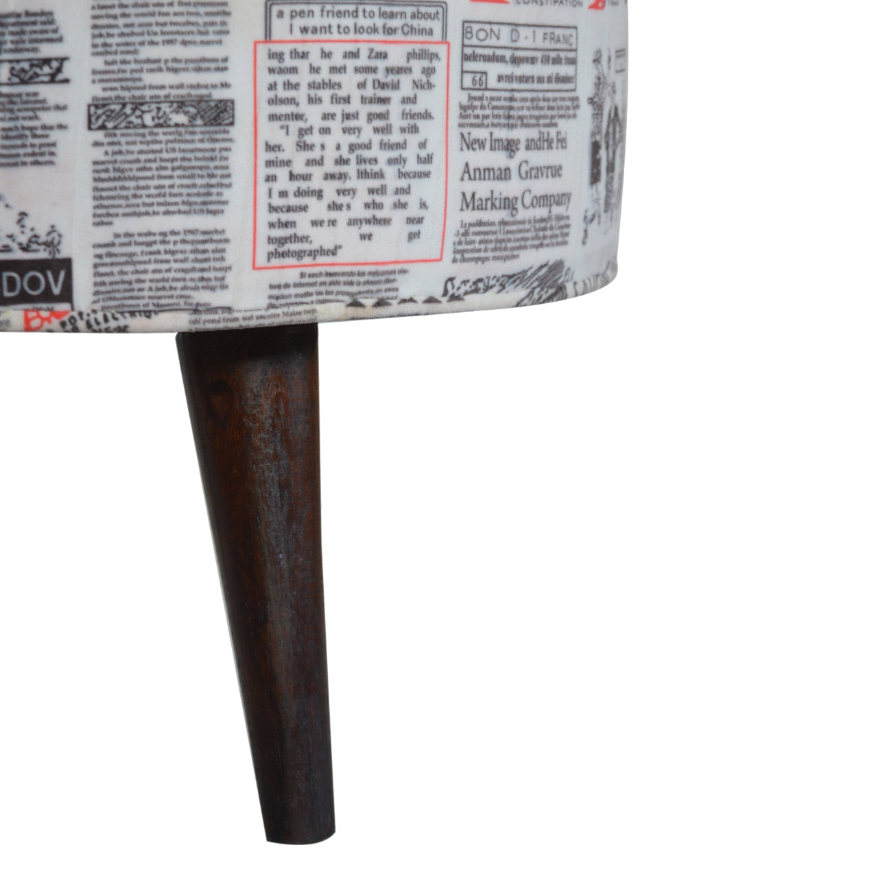Round Footstool with News Print Velvet